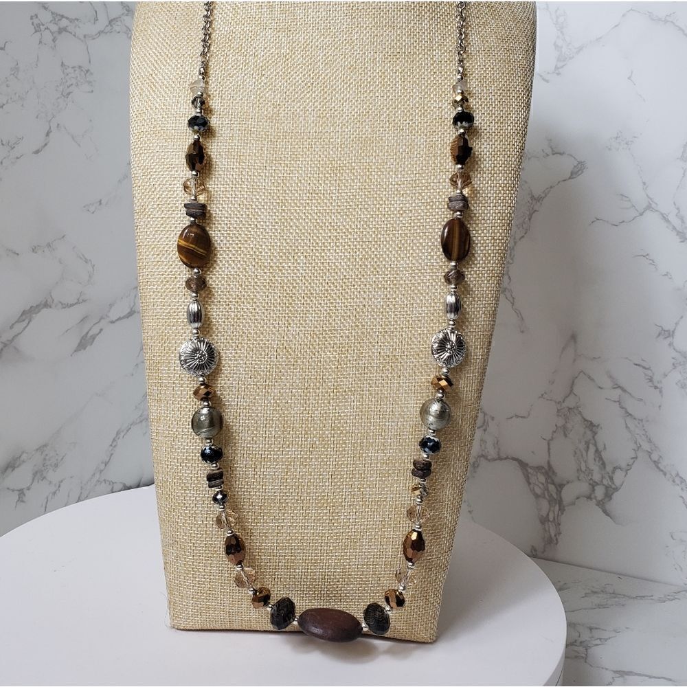 Long Beaded Necklace Tiger's Eye Woodfaceted Beads